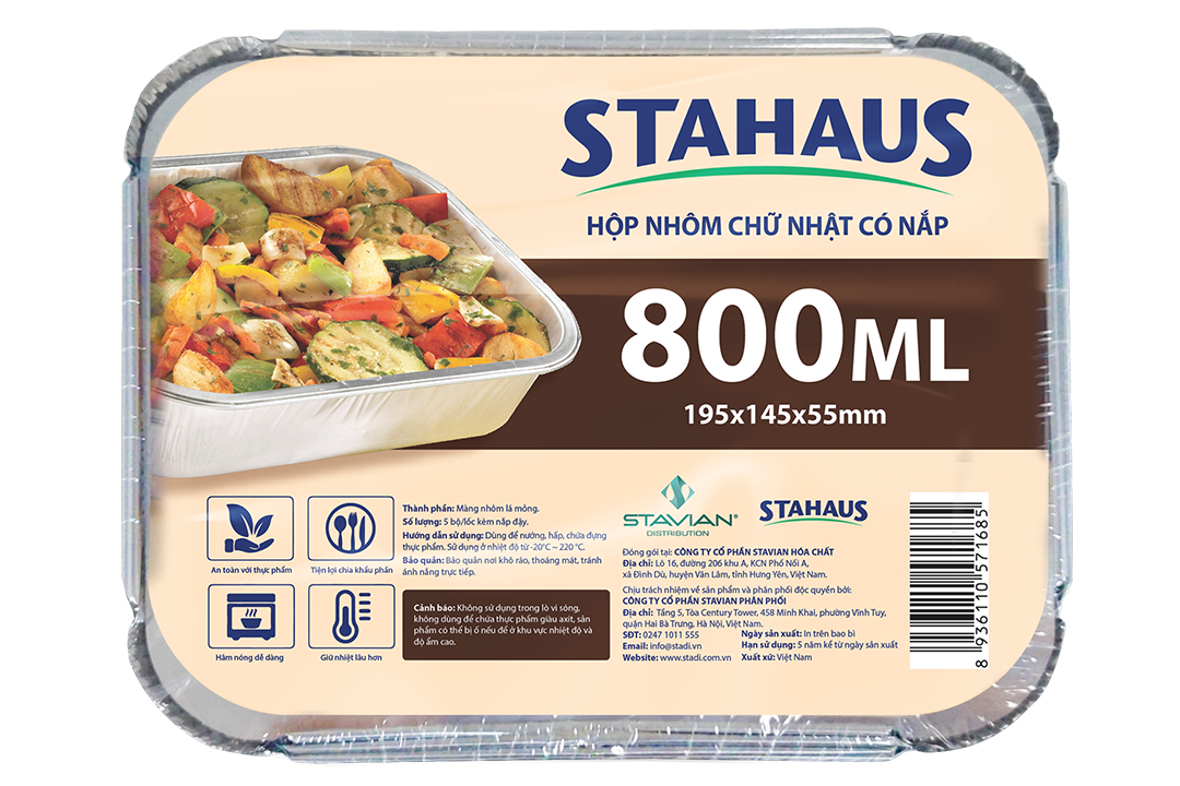 Hộp nhôm chữ nhật có nắp Stahaus 800ml (5 cái/gói)